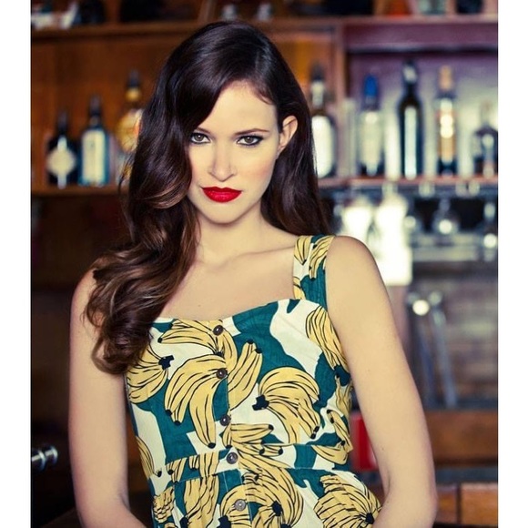 DANGERFIELD Bananas Print Yellow Cotton Fit & Flare Skater Pinafore Mini Dress - Picture 2 of 9